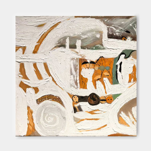 The image is an abstract painting featuring a variety of shapes, colors, and textures. The painting is predominantly white, with splashes of orange, green, and brown adding depth and complexity to the composition. The overall style of the artwork is modern and contemporary, with a focus on the interplay of these elements.