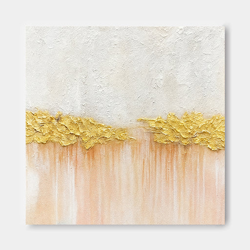 The image is a painting featuring a white background with a gradient of colors, including gold and peach tones. The painting has a textured appearance, with a drizzle of color that creates a sense of movement and depth.