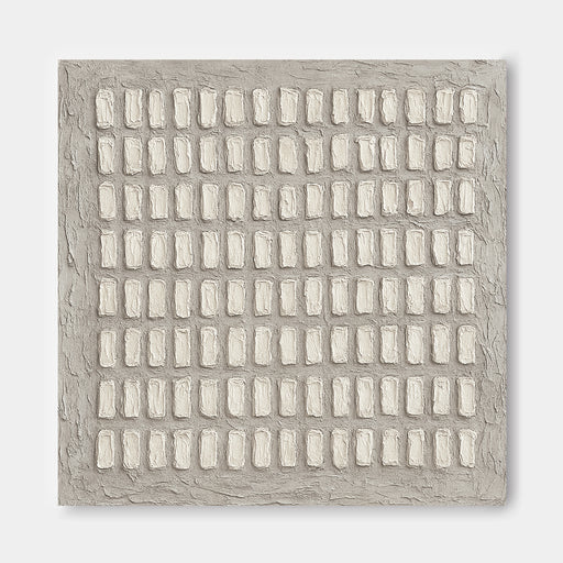 The image is a square-shaped artwork with a grid-like pattern of white rectangular shapes.