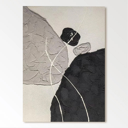 The image is a black and white abstract painting featuring a large black shape in the center, surrounded by smaller black shapes and lines.