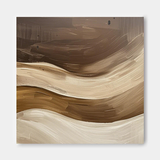The image is an abstract painting with a gradient of brown and beige colors, featuring wavy lines and brushstrokes that create a sense of movement and texture.