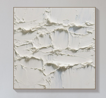 The image is a square painting with a textured, white surface that appears to be made of a thick, creamy substance. The painting has a rough, uneven texture, giving it a somewhat abstract and organic appearance.