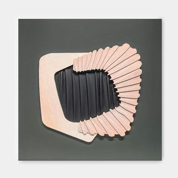 The image is a square-shaped abstract artwork with a black background and a pink, fan-like design on the right side.