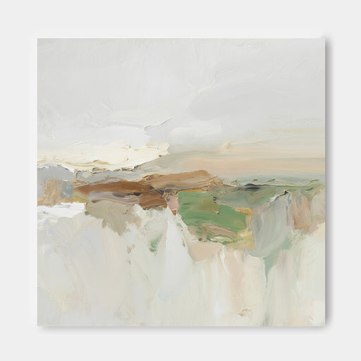 The image is an abstract painting featuring a landscape scene with a cloudy sky and a grassy field.
