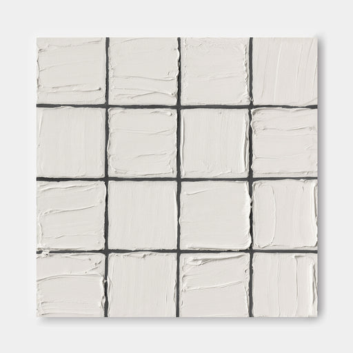 The image is a square grid of white, textured squares, with a black border.