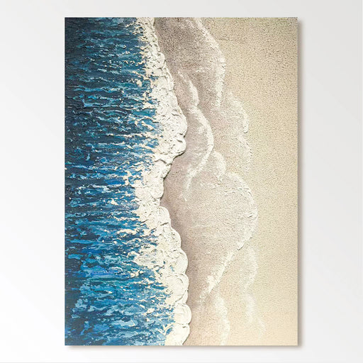 a serene beach scene with a wave gently lapping against the sandy shore.