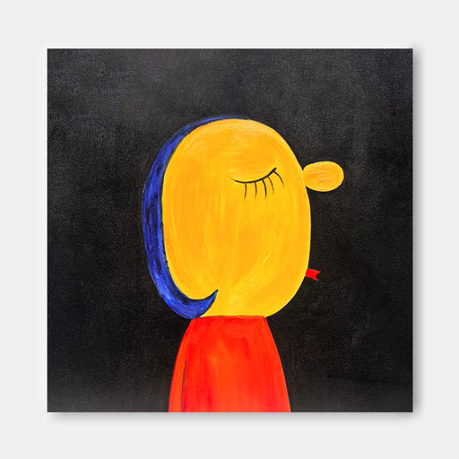 The image is a painting of a yellow character with a red shirt, set against a black background.