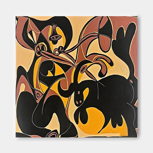 The image is an abstract painting featuring a stylized representation of a goat and a bird. The painting is predominantly black and orange in color, with the goat and bird depicted in a geometric, abstract style.