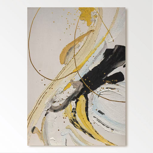 The image is an abstract painting with a mix of yellow, black, and white colors, creating a dynamic and visually striking composition.