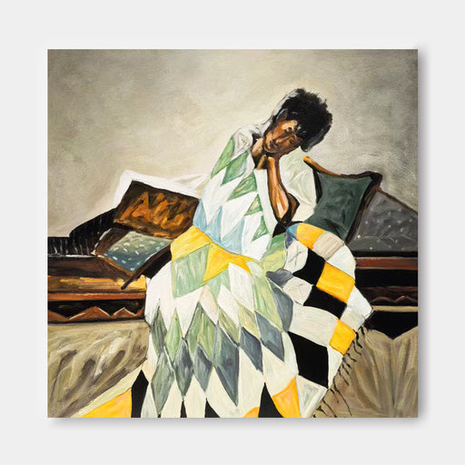 The image is an oil painting depicting a woman sitting on a bench, wearing a colorful, geometric-patterned dress.