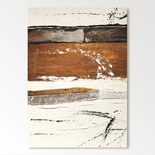 The image is an abstract painting featuring a variety of textures and colors, including brown, white, and black.