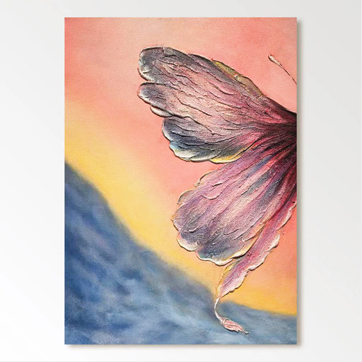 The image is a painting of a colorful butterfly with its wings spread, set against a gradient background of pink, orange, and blue.