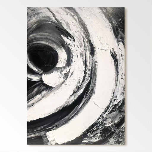 The image is a striking abstract painting with bold, swirling brushstrokes in black and white, creating a sense of movement and energy.