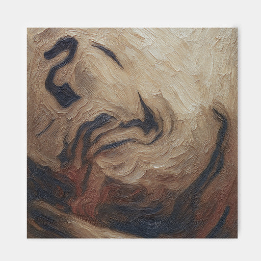 The image is an abstract painting with a mix of brown, black, and red colors, creating a dynamic and visually striking composition.