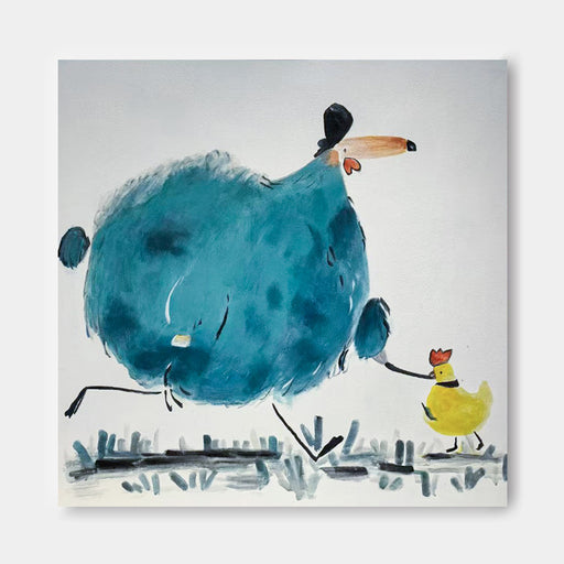 a large, blue bird with a black hat and a smaller yellow bird walking together.