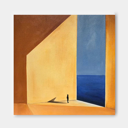a solitary figure standing in a vast, open space with a striking geometric pattern of yellow and orange walls. The figure is positioned in the center of the frame, facing towards the right side of the image. The overall composition creates a sense of solitude and contemplation, with the expansive space and bold colors evoking a sense of freedom and tranquility.