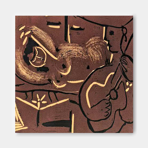 The image is an abstract painting featuring a woman lying down and playing a guitar.