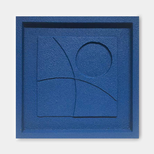 The image is a square-shaped artwork with a blue background and a central design featuring a circle and a line.