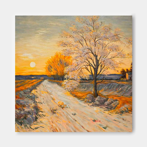 a serene landscape with a winding dirt road leading through a field of trees, set against a backdrop of a vibrant sunset sky.