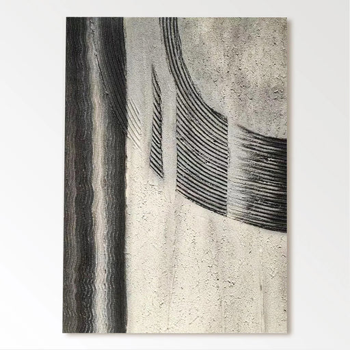 The image is a black and white abstract artwork featuring a vertical line and a curved line, creating a sense of movement and rhythm.