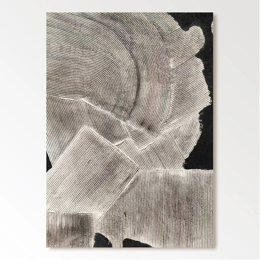 The image is a black and white abstract artwork featuring a variety of geometric shapes and lines.