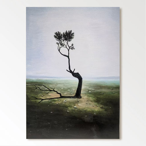 a lone, twisted tree standing in a barren, grassy field with a hazy, overcast sky in the background.