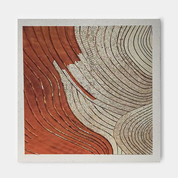 The image is a modern abstract artwork featuring a combination of red and white lines and shapes, creating a dynamic and visually striking composition.