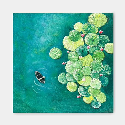 a small boat floating on a body of water, surrounded by a lush display of green lily pads and pink flowers.