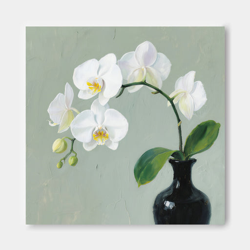 A painting of a white orchid flower in bloom, with a black vase holding the flower and green leaves, set against a light green background.