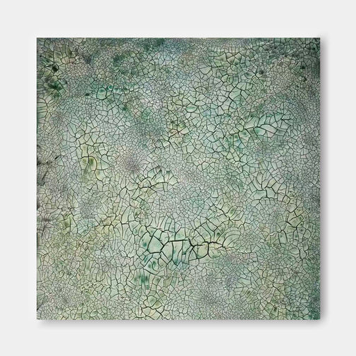 The image is a square canvas with a textured, cracked surface in shades of green and gray.