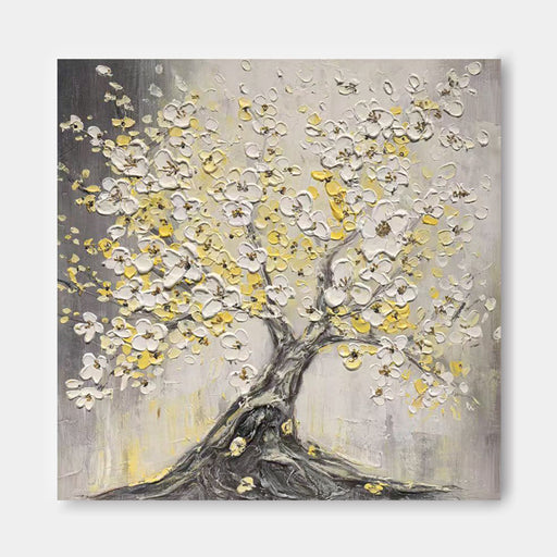The image is a painting of a tree with white flowers, depicted in a realistic style.