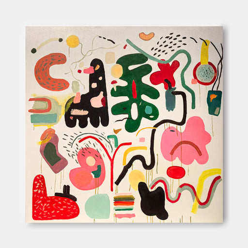 The image is a vibrant and abstract painting featuring a variety of shapes, colors, and textures. The artwork is a lively and dynamic composition, with a mix of organic and geometric forms. The use of bold colors, such as red, green, yellow, and black, adds to the overall visual impact of the piece. The painting is a lively and energetic representation of abstract art, showcasing the artist's skill and creativity in their work.