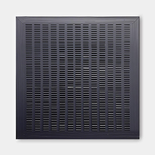 The image is a square-shaped object with a grid-like pattern of vertical lines, creating a visually striking and abstract design.