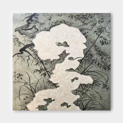 The image is a black and white abstract artwork featuring a large, white shape surrounded by various organic elements such as leaves, branches, and flowers.