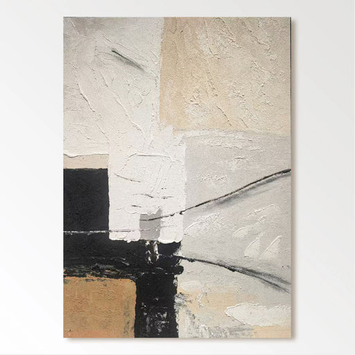 The image is an abstract painting featuring a combination of white, black, and beige colors. The painting has a textured and layered appearance, with brushstrokes and splatters creating a sense of depth and movement.