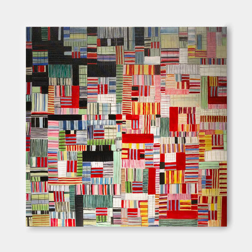 The image is a vibrant and colorful abstract artwork composed of various geometric shapes and patterns in a variety of bold colors, including red, green, yellow, blue, and black.