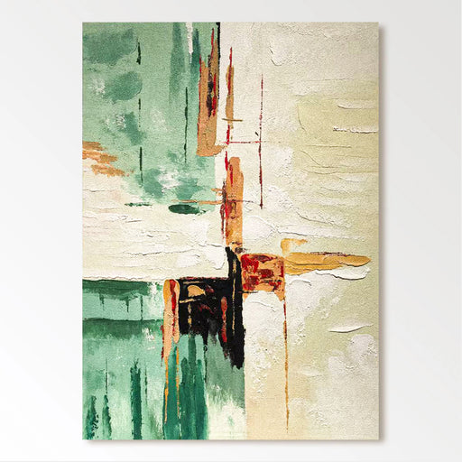 The image is an abstract painting featuring a mix of green, orange, and white colors, with various brushstrokes and textures creating a dynamic and visually interesting composition.