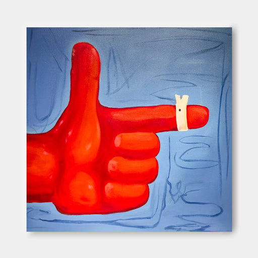 The image is a painting of a red hand with a white band on the thumb, pointing towards the right side of the frame.