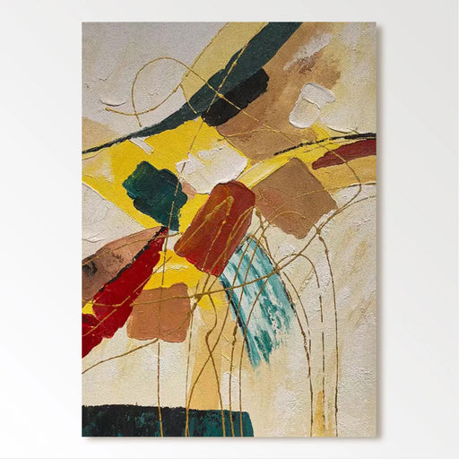 The image is an abstract painting featuring a variety of shapes, colors, and textures. The painting is predominantly composed of warm colors such as red, orange, and yellow, with some cool tones like blue and green. The composition is dynamic and visually engaging, with the use of bold colors and brushstrokes creating a sense of movement and energy.