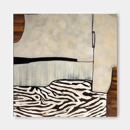 The image is an abstract painting featuring a zebra-like pattern with a mix of white, black, and brown colors.