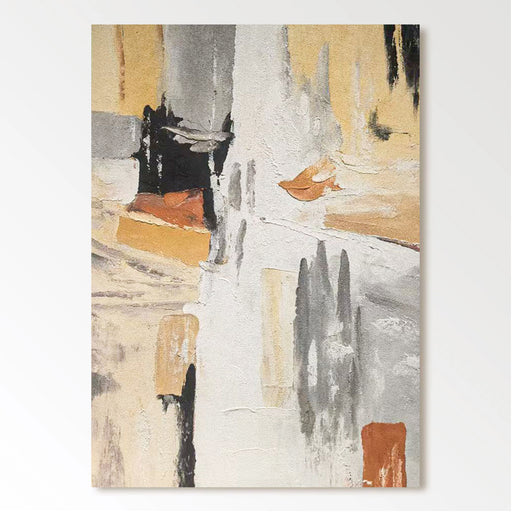 The image is an abstract painting with a mix of warm and cool colors, featuring bold brushstrokes and a sense of movement and energy.