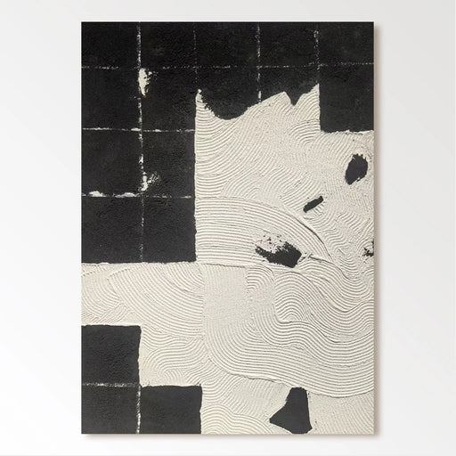 The image is a black and white abstract artwork featuring a grid-like pattern of squares and rectangles, with some areas of white and black paint or texture.