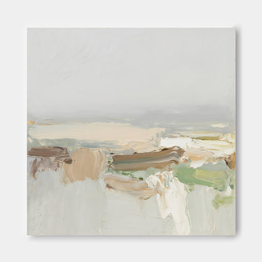 The image is an abstract painting with a predominantly light blue and white color palette. The painting features various brushstrokes and textures, creating a sense of depth and movement across the canvas.