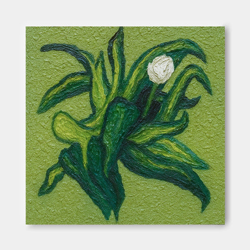 The image is a painting of a green plant with a white flower, set against a textured green background.
