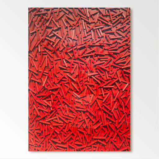 The image is a vibrant, abstract artwork composed of numerous red and orange shapes, creating a visually striking and dynamic composition.