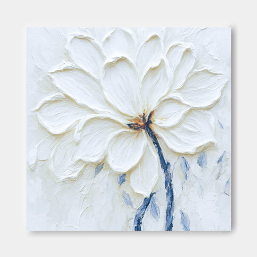 The image is a painting of a large white flower with delicate petals and a small brown center.