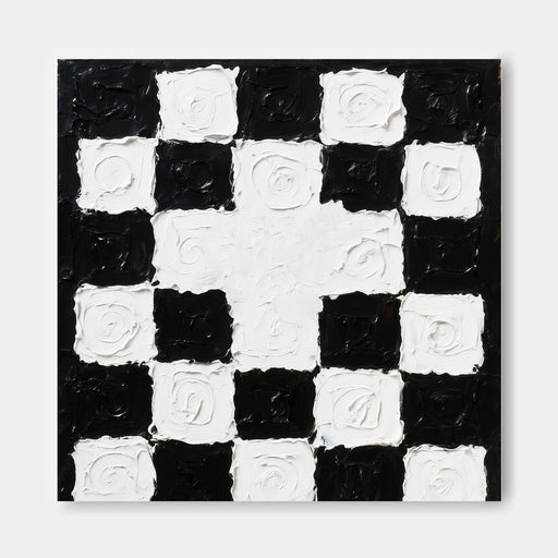 The image is a black and white checkered pattern with a central white square surrounded by smaller black squares.