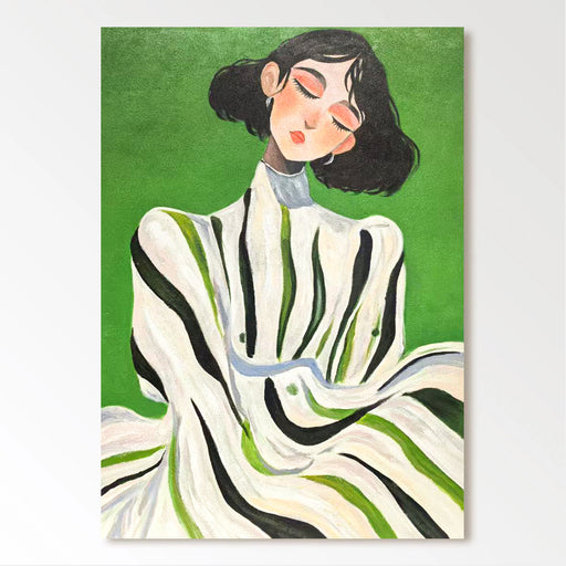 The image is a painting of a woman with dark hair wearing a white dress with green and black stripes.