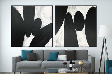Large Abstract Painting Modern Wall Art Set Of 2 Paintings on Canvas Black White Oil Painting Living Room Wall Art Office Wall Art Framed