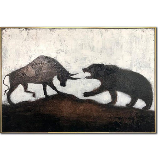 Abstrakt dyremaleri på lærred Vægkunst til børsen Kunstværk til børsen Maleri af tyr og bjørn Angribende tyr Kunst Gave til handlende